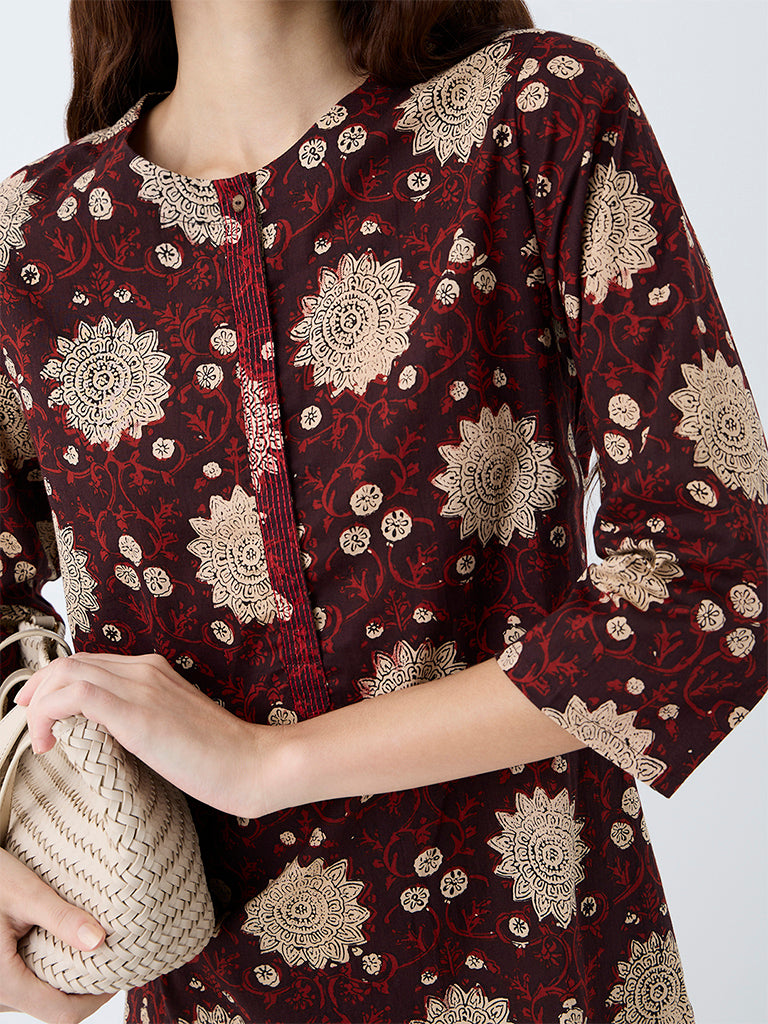 Utsa Dark Brown Floral Printed Cotton Straight Kurta