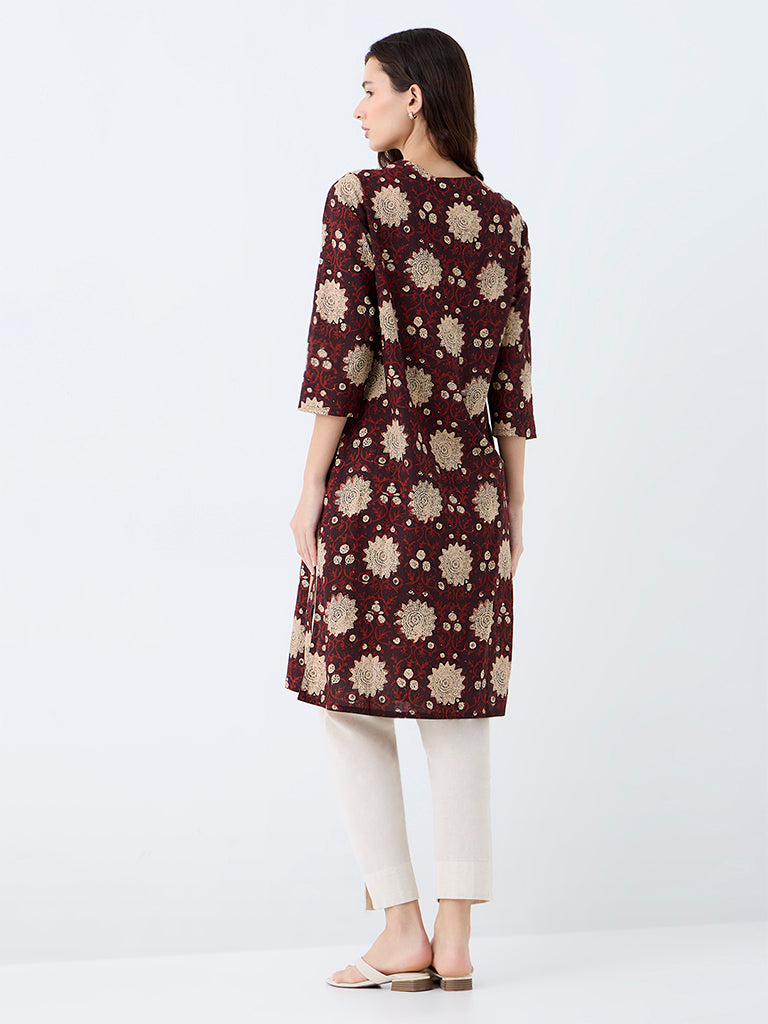 Utsa Dark Brown Floral Printed Cotton Straight Kurta