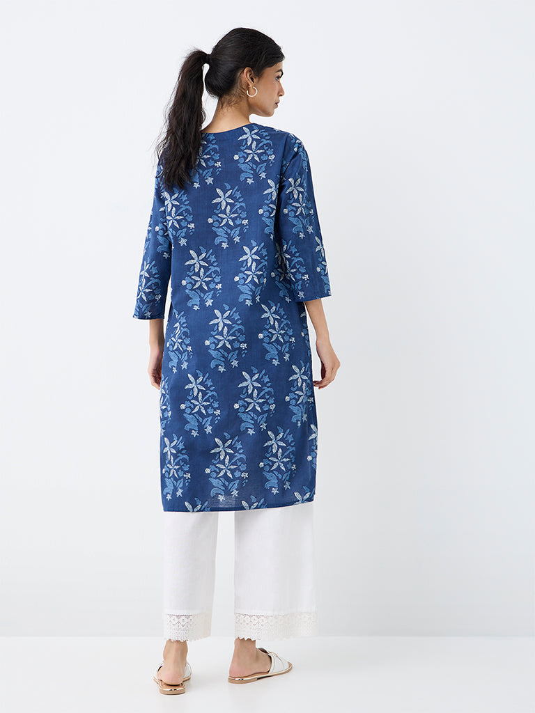 Utsa Indigo Floral Printed Cotton Straight Kurta
