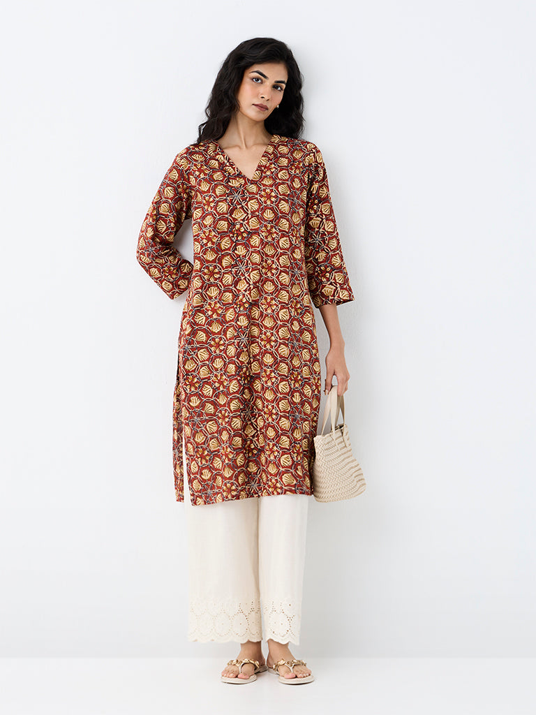 Utsa Red Floral Pattern Cotton Straight Kurta