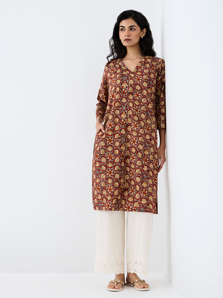 Utsa Red Floral Pattern Cotton Straight Kurta