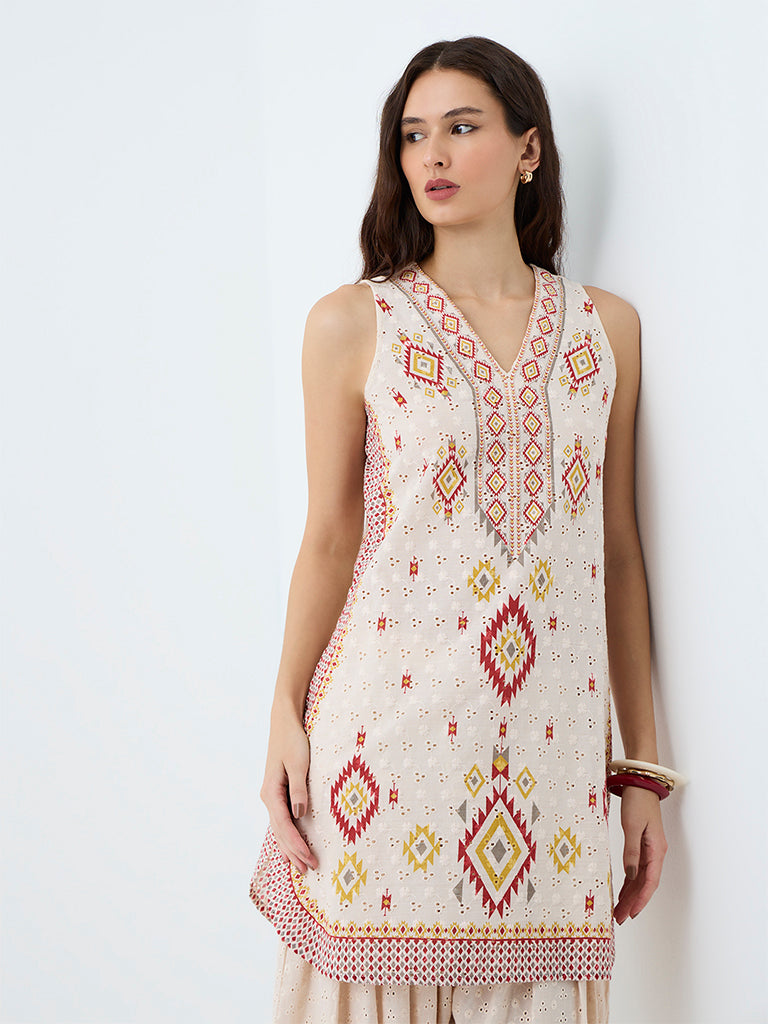 Utsa Off-White Geometric Embroidered Cotton Kurti