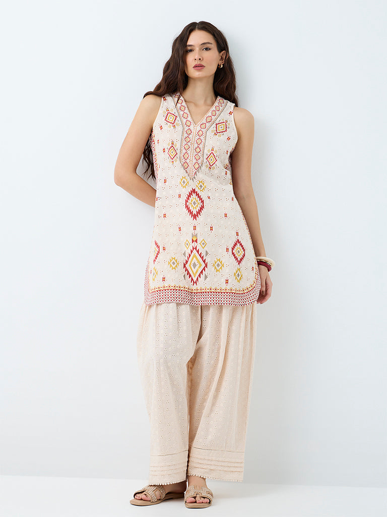 Utsa Off-White Geometric Embroidered Cotton Kurti