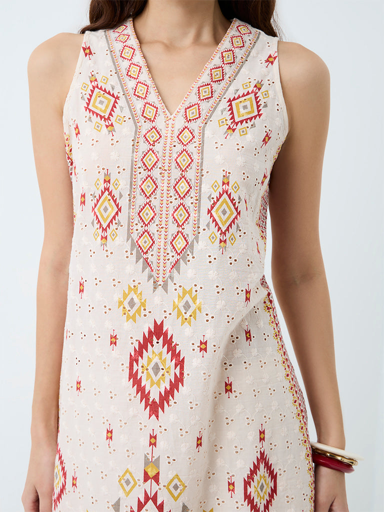 Utsa Off-White Geometric Embroidered Cotton Kurti