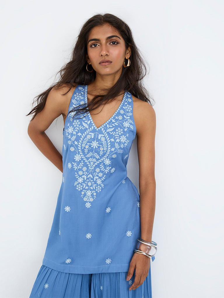 Utsa Blue Floral Embroidered Halter-Neck Tunic