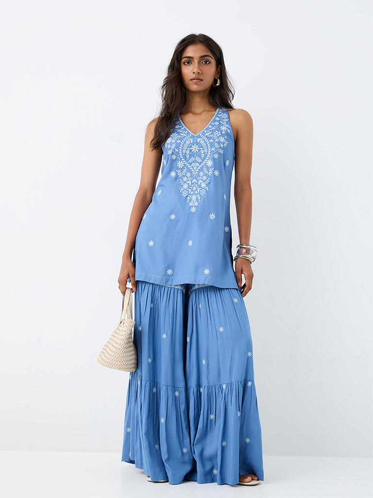 Utsa Blue Floral Embroidered Halter-Neck Tunic