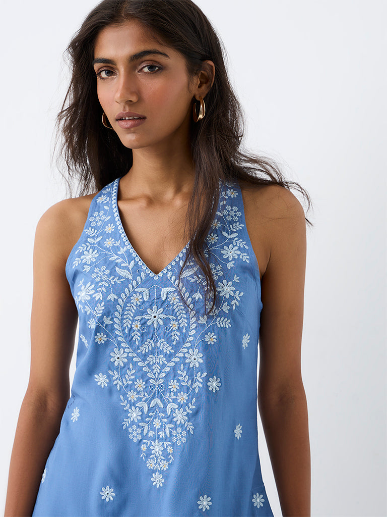 Utsa Blue Floral Embroidered Halter-Neck Tunic