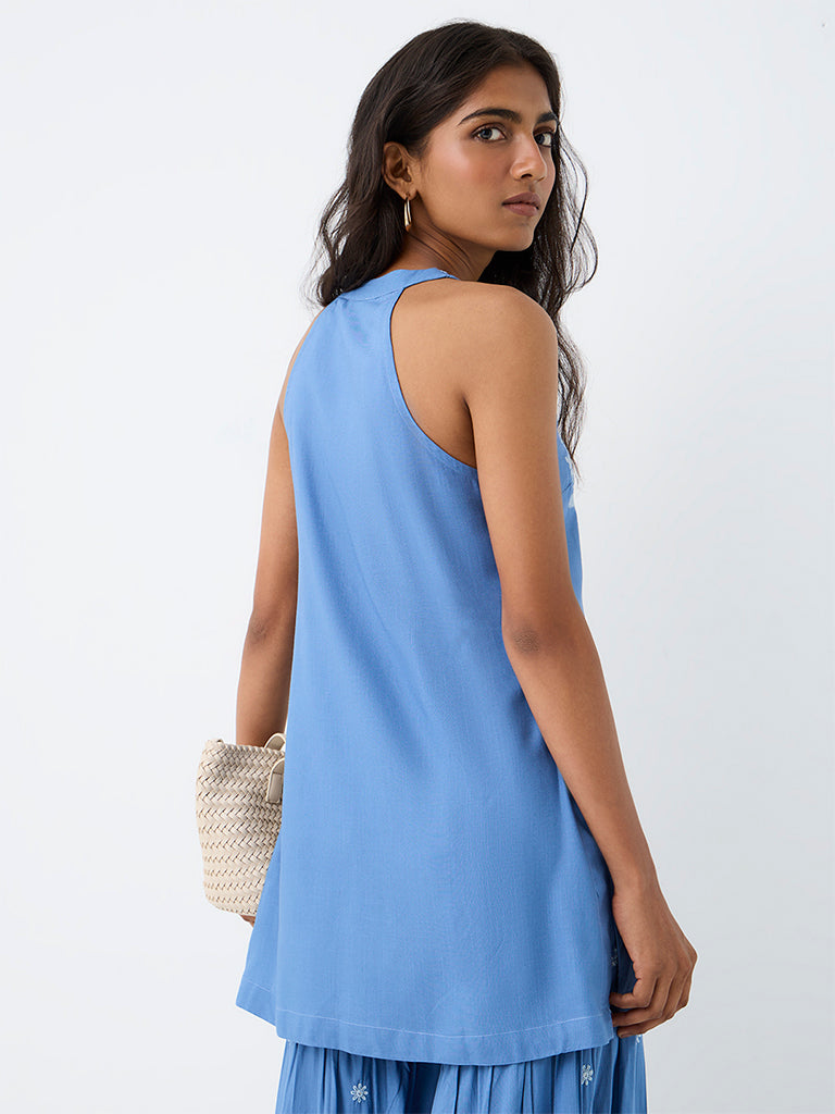 Utsa Blue Floral Embroidered Halter-Neck Tunic