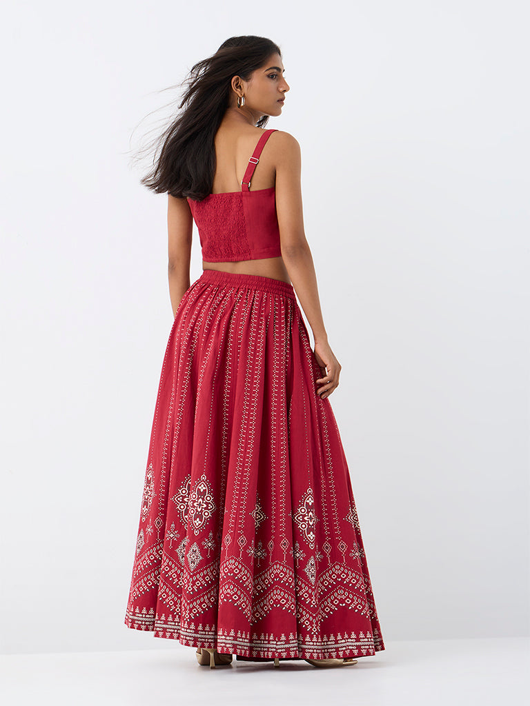 Utsa Red Printed  Cotton Skirt