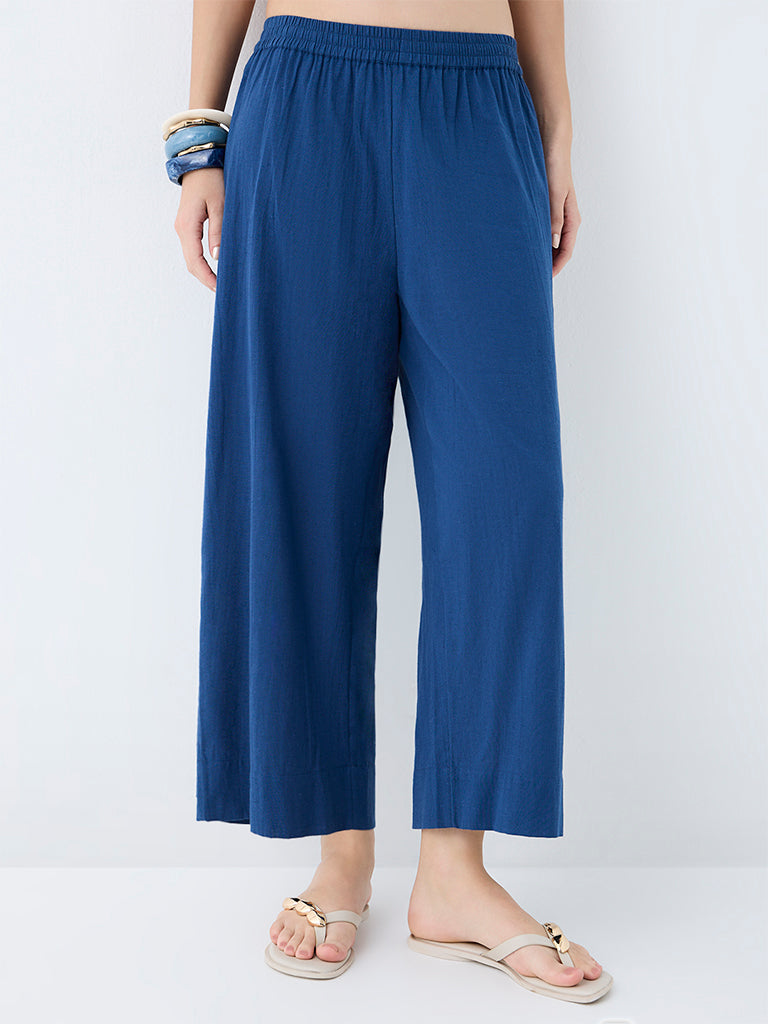 Utsa Indigo Solid Cotton-Blend Pants