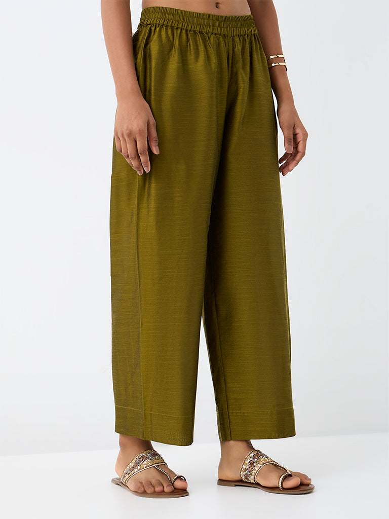 Utsa Dark Olive Solid Pants