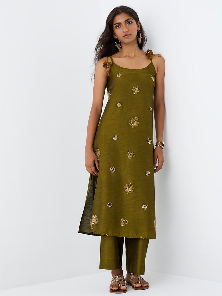 Utsa Dark Olive Solid Pants