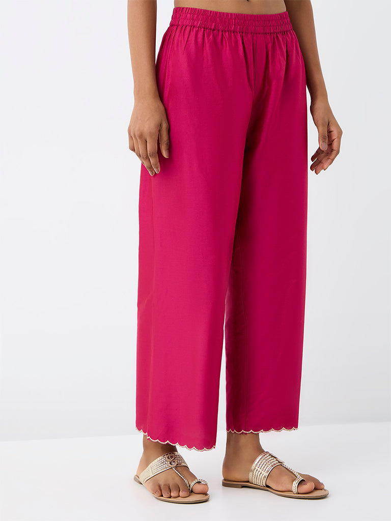 Utsa Fuchsia Scalloped-Detail Cotton Pants