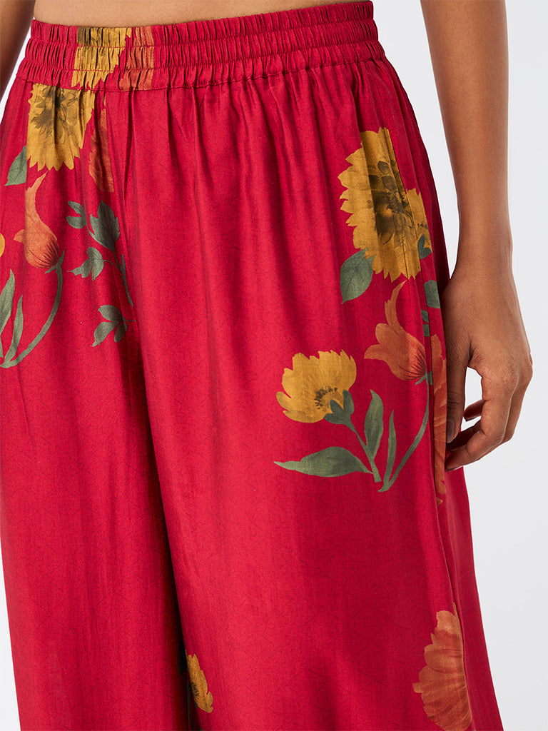 Utsa Red Floral Printed Pants