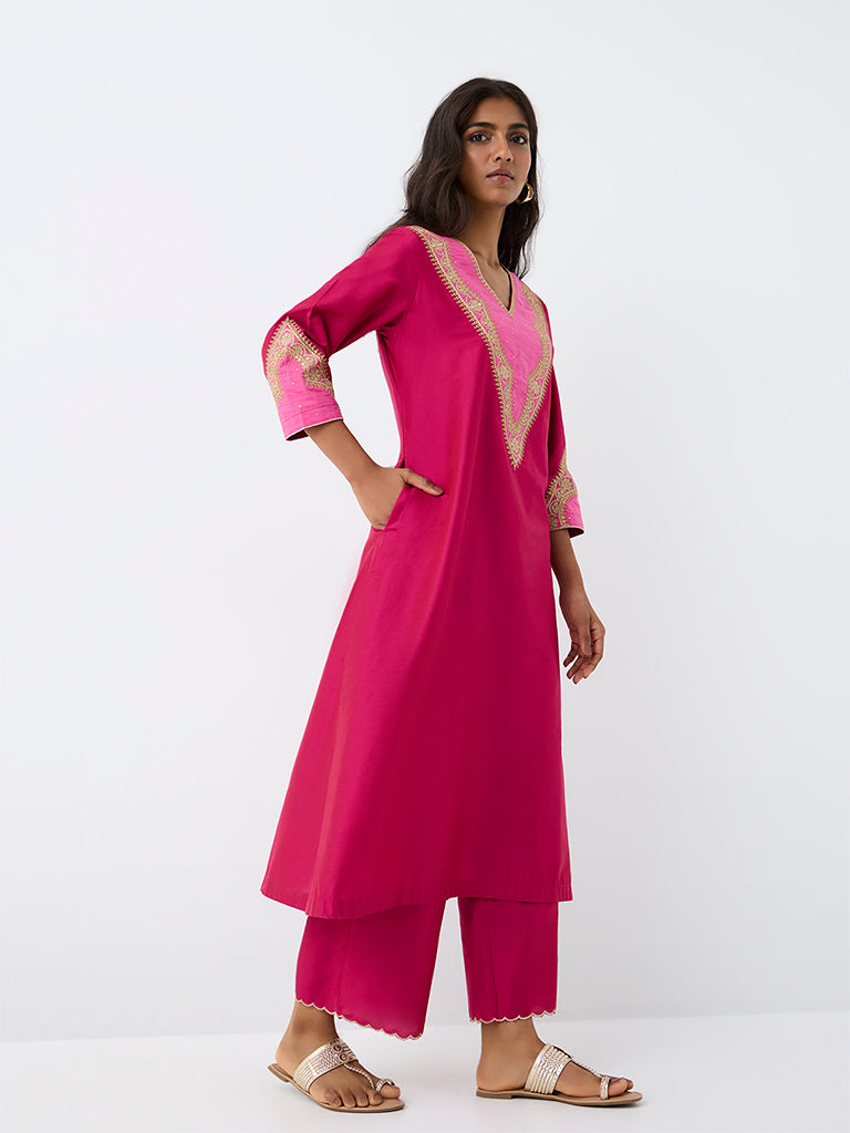 Utsa Fuchsia Scalloped-Detail Cotton Pants