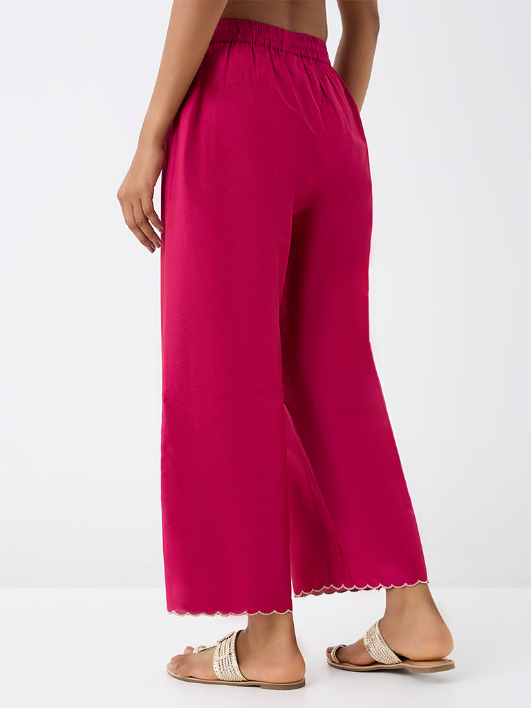 Utsa Fuchsia Scalloped-Detail Cotton Pants