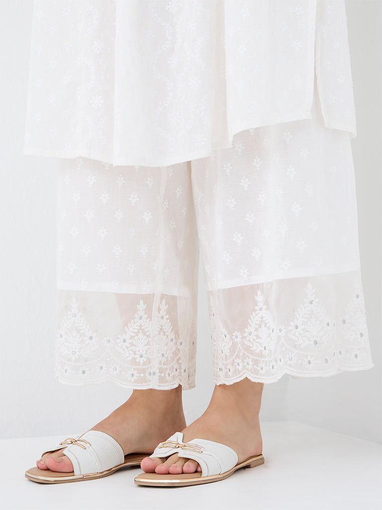 Utsa White Floral Embroidered Cotton Pants