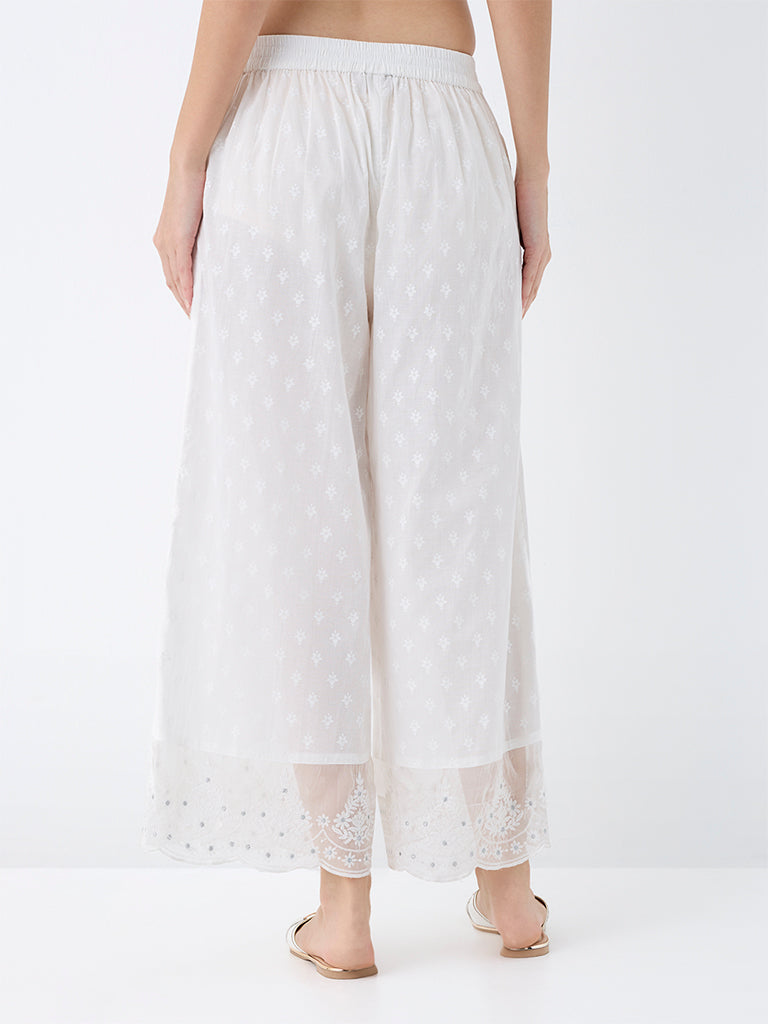Utsa White Floral Embroidered Cotton Pants