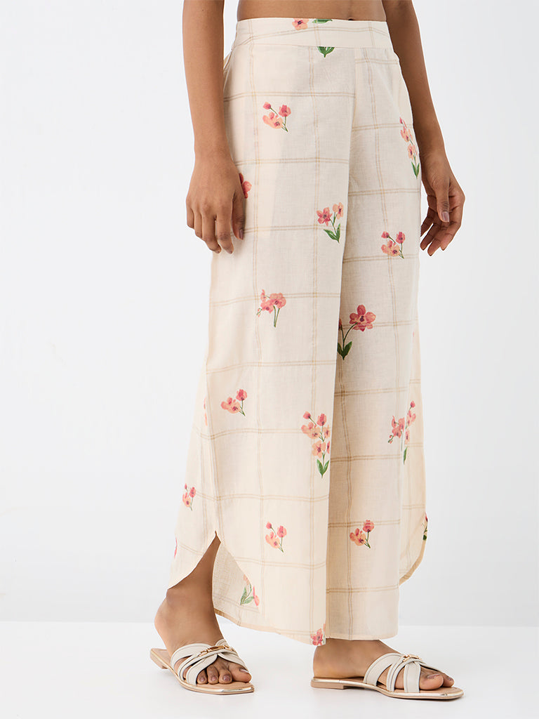 Utsa Off-White Floral Pattern Cotton Pants