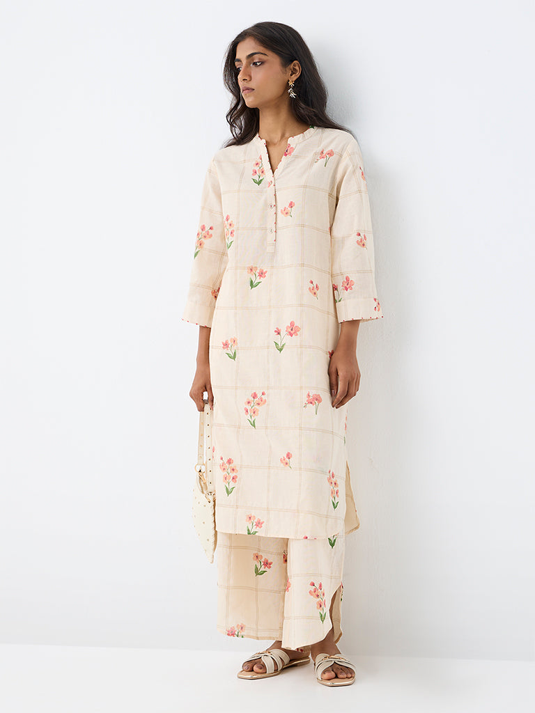 Utsa Off-White Floral Pattern Cotton Pants
