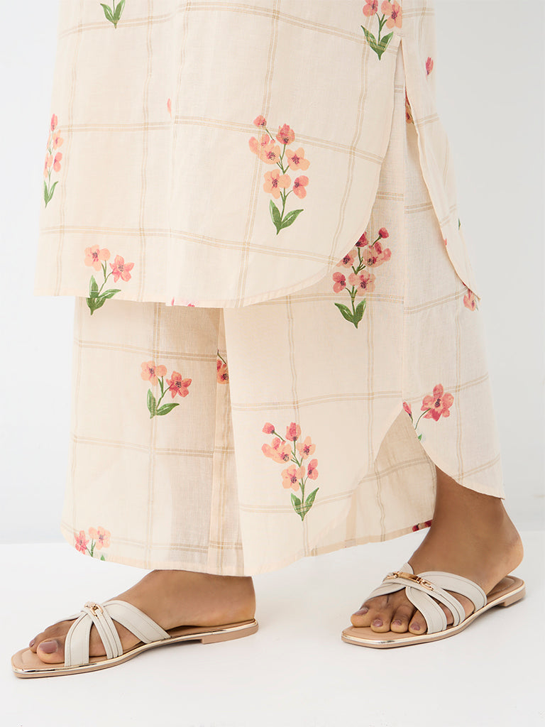 Utsa Off-White Floral Pattern Cotton Pants