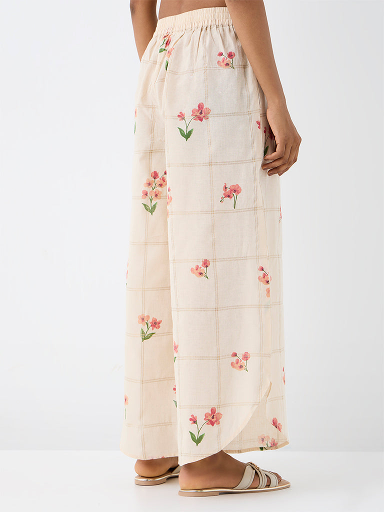 Utsa Off-White Floral Pattern Cotton Pants
