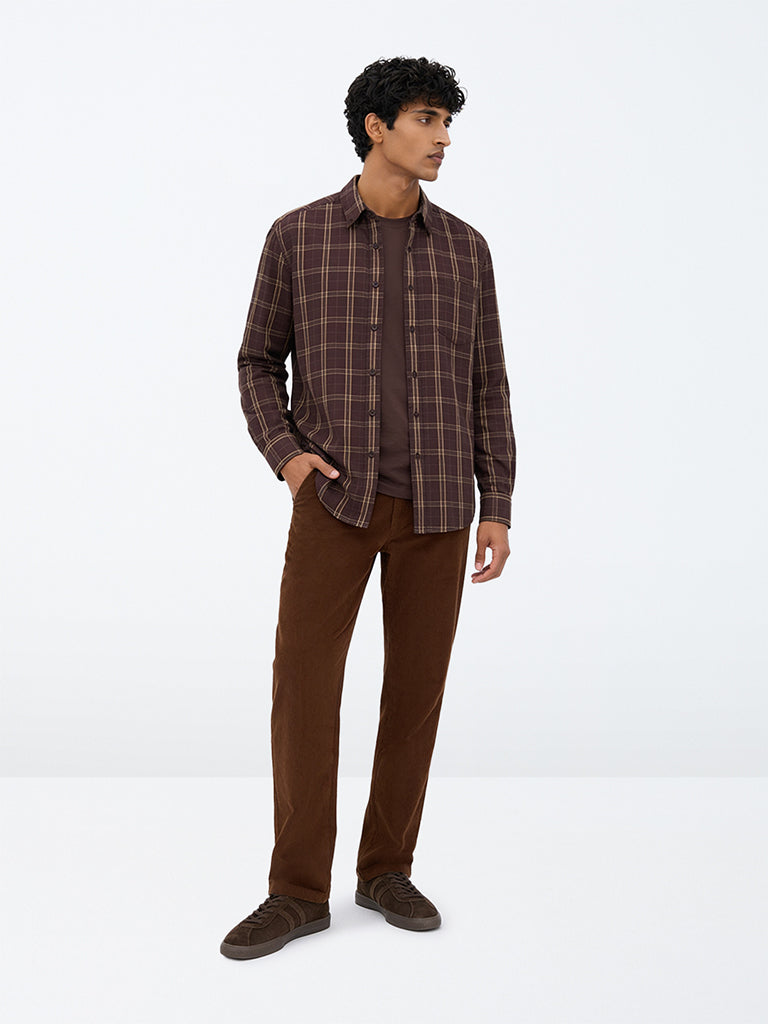 WES Casuals Tan Corduroy Relaxed-Fit Mid-Rise Cotton-Blend Chinos
