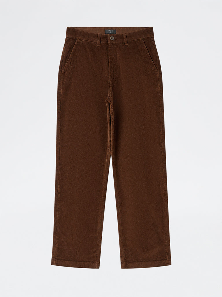 WES Casuals Tan Corduroy Relaxed-Fit Mid-Rise Cotton-Blend Chinos