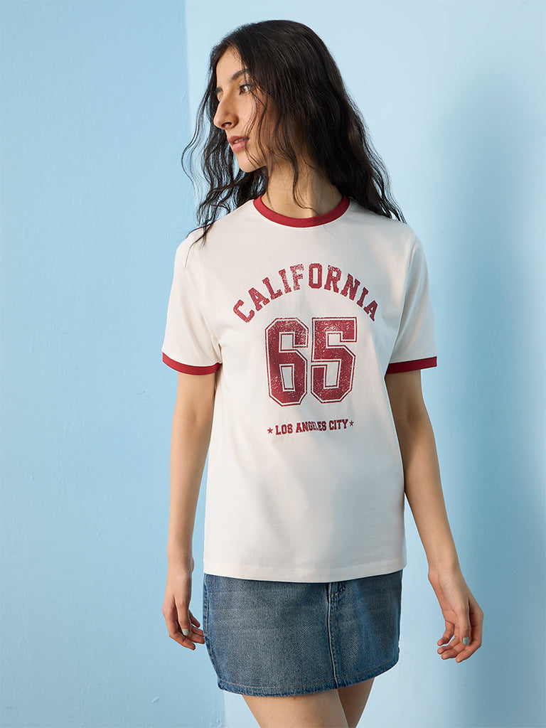 Nuon White Numerical Printed T-Shirt