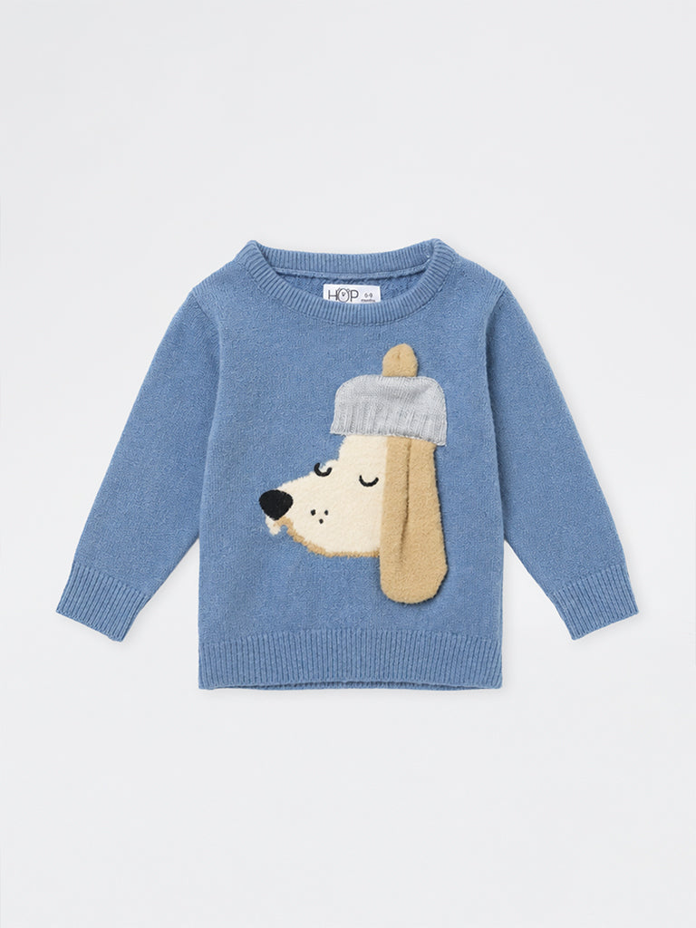 HOP Baby Boys Blue Dog Embroidered Knitted Sweater