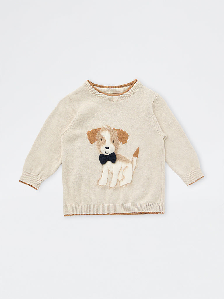 HOP Baby Boys Taupe Animal Design Cotton Sweater