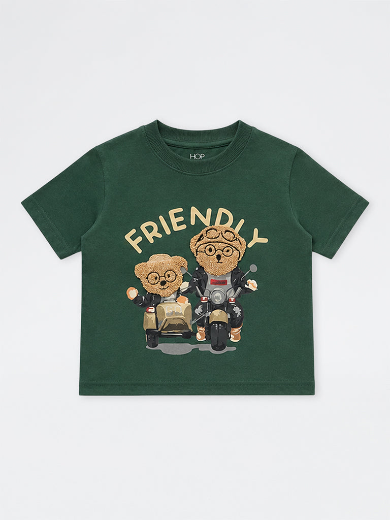 HOP Kids Boys Green Teddy Design Cotton T-Shirt