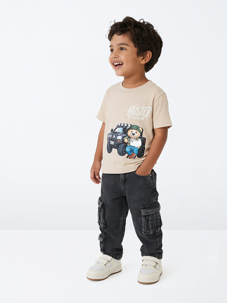 HOP Kids Boys Light Taupe Graphic Printed Cotton T-Shirt