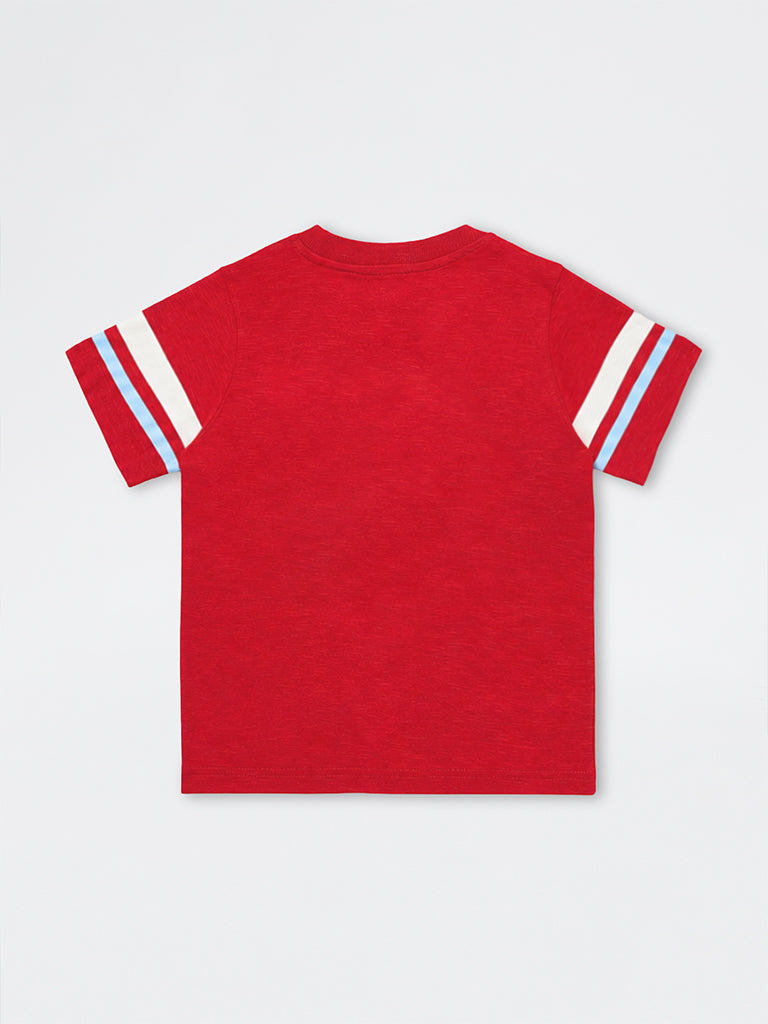 HOP Kids Boys Red Text Embroidered Cotton T-Shirt