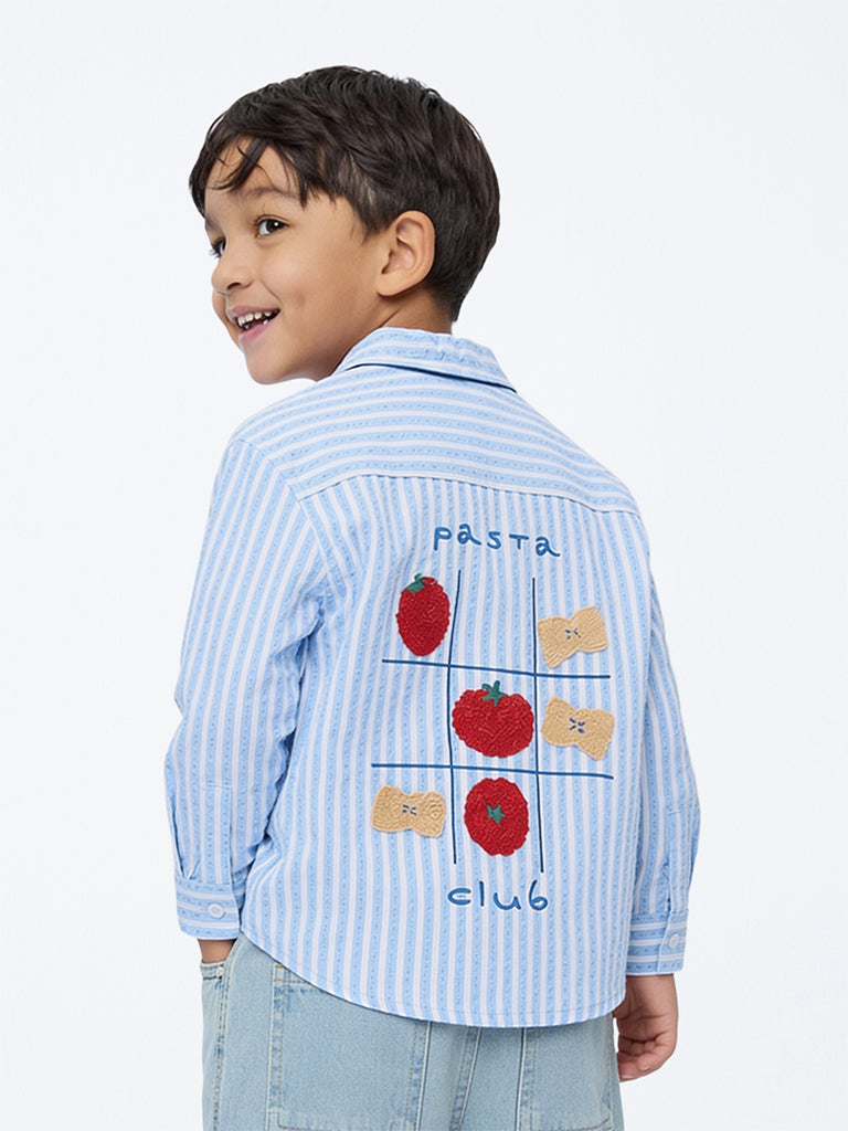 HOP Kids Boys Blue Seersucker Striped Cotton Shirt with T-Shirt Set