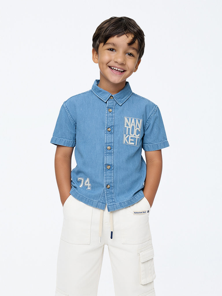 HOP Kids Boys Blue Embossed Denim Shirt