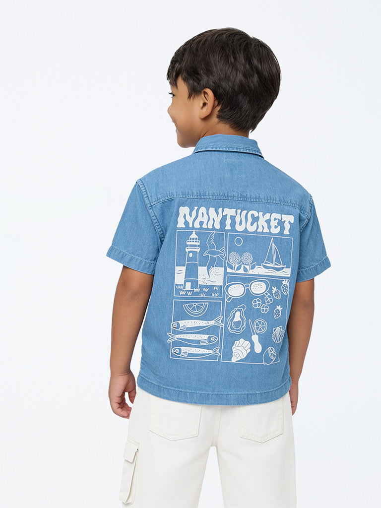 HOP Kids Boys Blue Embossed Denim Shirt