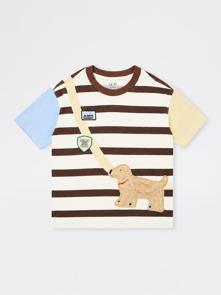 HOP Kids Boys Multicolour Dog Embroidered Cotton T-Shirt