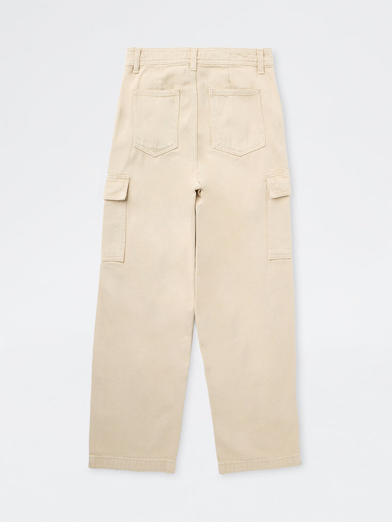 Boys Light Beige Cargo-Style Mid-Rise Relaxed-Fit Jeans