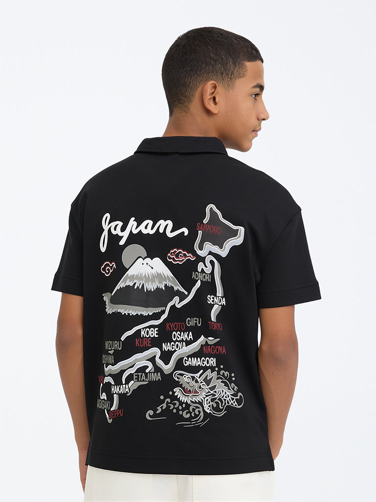Boys Black Map Design Cotton-Blend Shirt