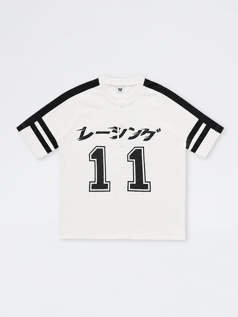 Boys White Numerical Printed Cotton-Blend Shirt