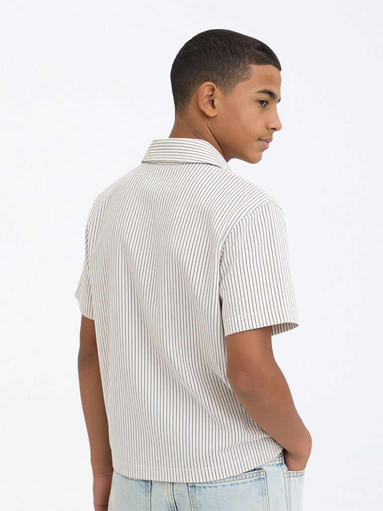 Boys Brown Japanese Cotton-Blend Text Printed Shirt