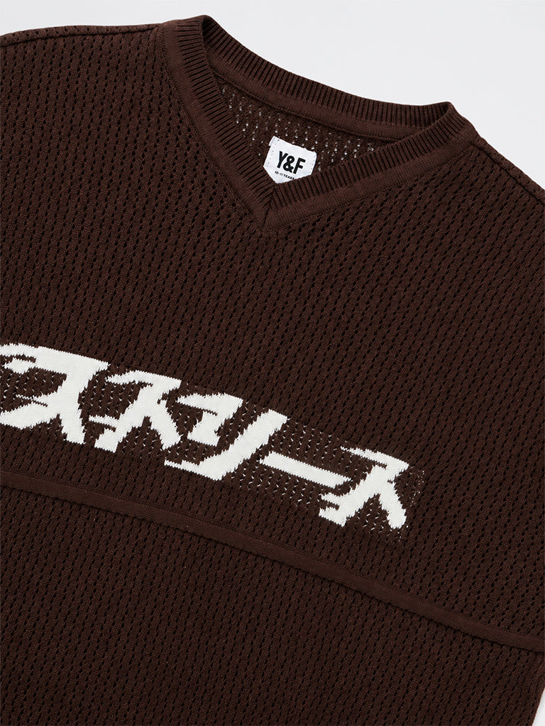 Boys Dark Brown Knit-Textured Cotton T-Shirt