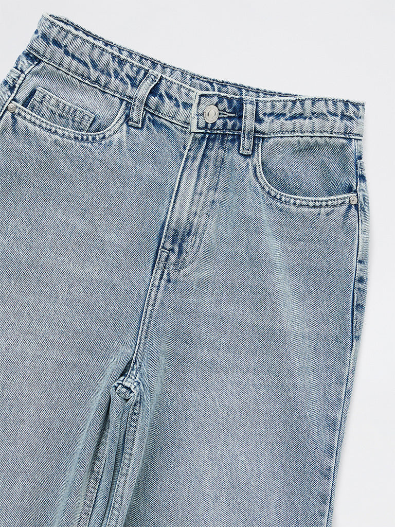 Girls Light Blue Washed High-Rise Jeans