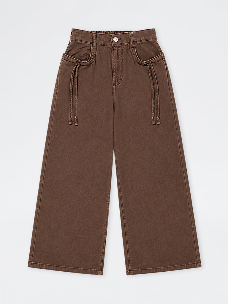 Y&F Kids Girls Brown Tie-Up Detail High-Rise Trousers