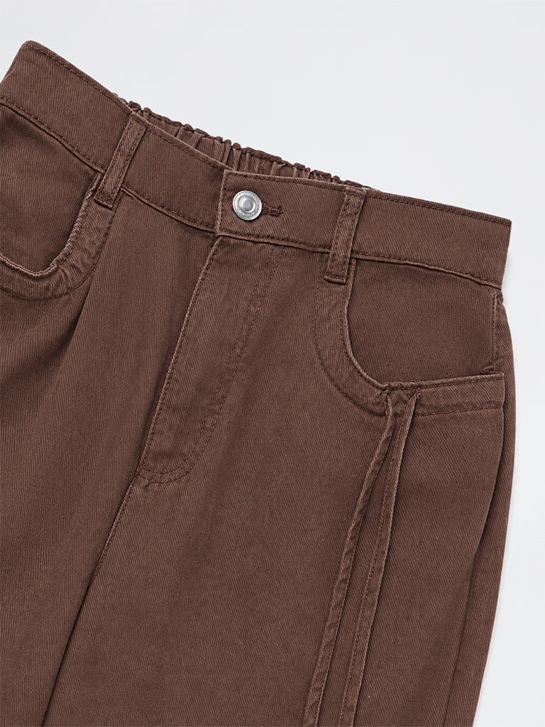 Girls Brown Tie-Up Detail High-Rise Trousers
