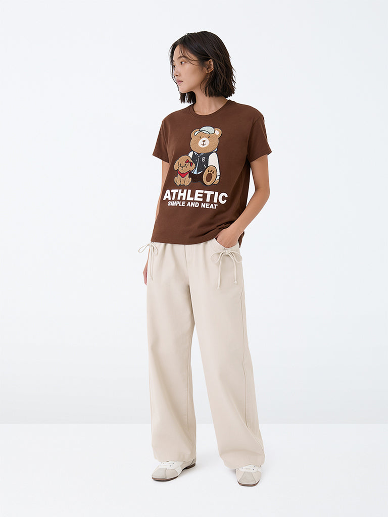 Y&F Kids Girls Beige Tie-Up Detail High-Rise Trousers