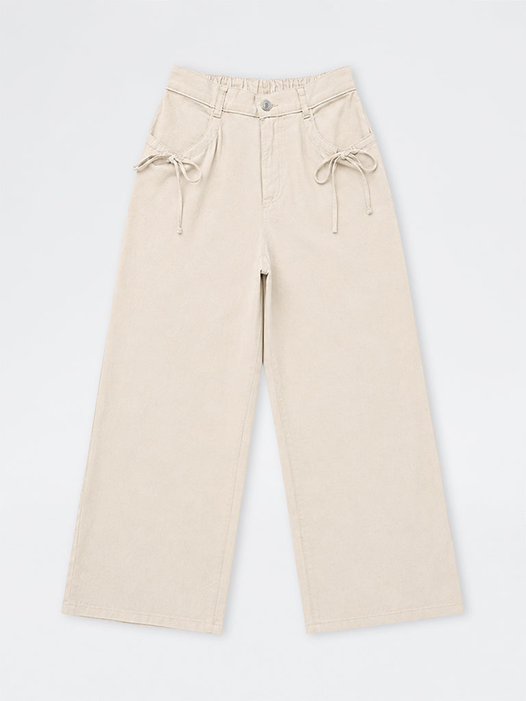 Y&F Kids Girls Beige Tie-Up Detail High-Rise Trousers