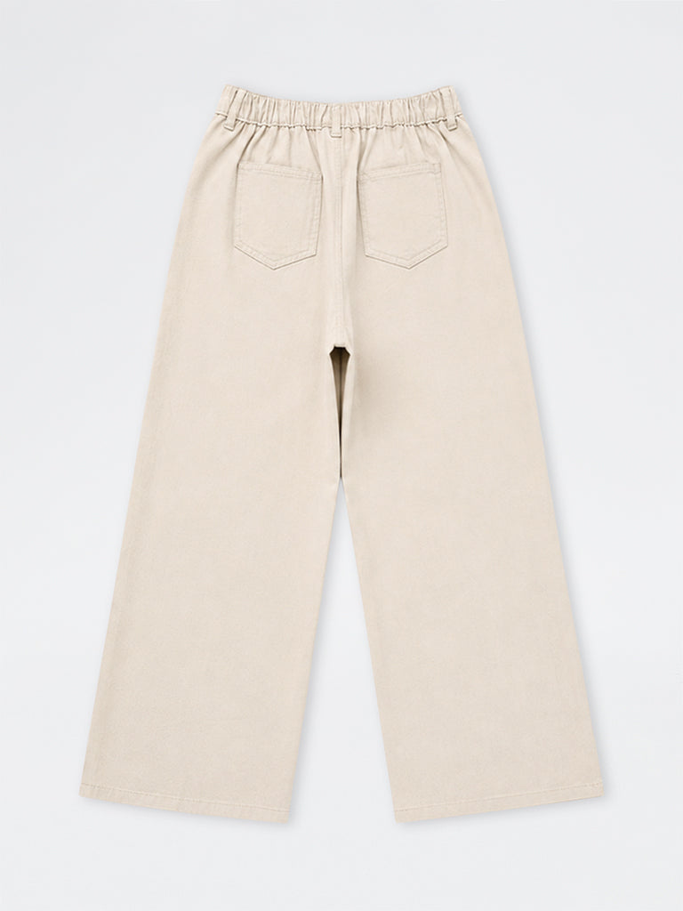 Y&F Kids Girls Beige Tie-Up Detail High-Rise Trousers