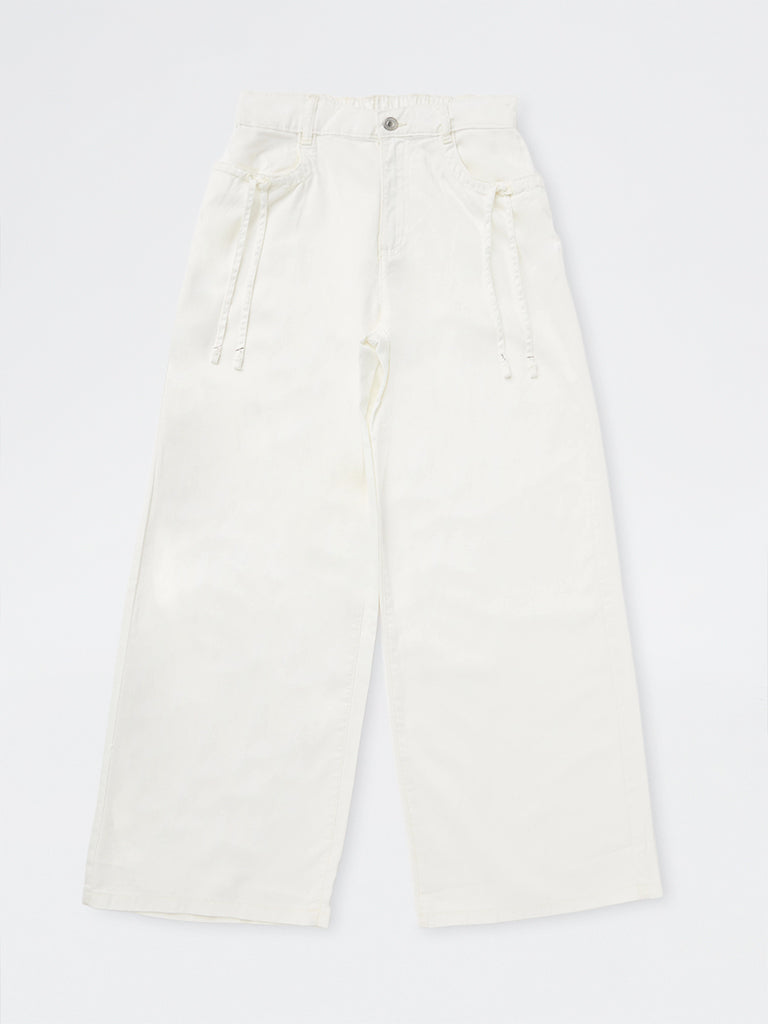 Girls White Solid High-Rise Relaxed-Fit Trousers